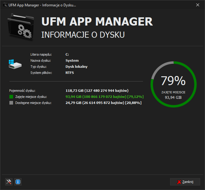 UFM App Manager - Tryb Informacji o Dysku